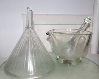 glass funnel and mortar & pestle