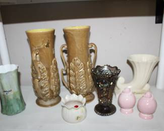 pair of Redwing art pottery vases; carnival glass; McCoy; Belleek