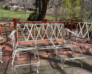 Vintage 1950's Wrought Iron Woodward Chantilly Glider is the main piece. Two side tables, Two Lounge chairs and One rocker. Also One adjustable lounge not pictured. Rare find a set of this quality. Once cleaned up you will have something very special to last another lifetime!
