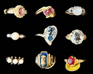 Variety of 14k Spinel, Ruby, Moonstone, and Opal rings