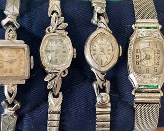 Selection of vintage 14K & Diamond lady's watches. Elgin-Bulova-Lady's Tradition & beautiful Art Deco Warwick Reinforced