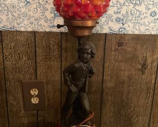 Vintage Pewter Boy Figurine Lamp with Art Deco end of day starburst shade