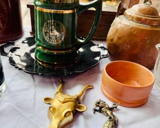 Vintage brass bottle openers, fantastic MSU Spartan vintage mug, copper and wood