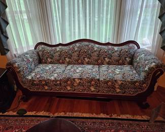 Upholstered Couch with Carved Wooden Swan Details