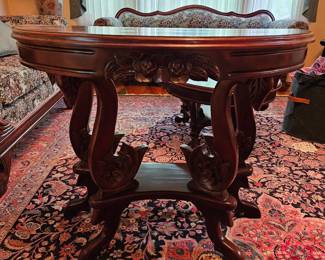 Wooden Half Table With Carved Swan Details