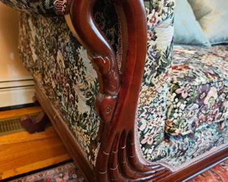 Upholstered Love Seat With Carved Swan Details