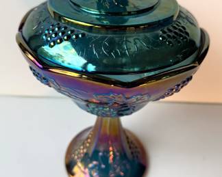 Carnival glass covered pedestal bowl