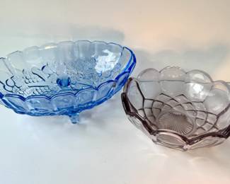 Indiana Glass blue fruit bowl and Federal Glass purple bowl