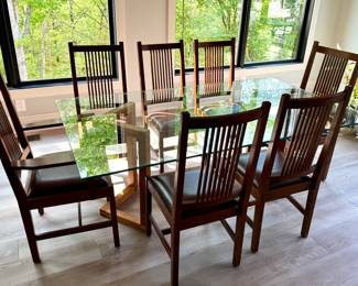 Stickley glass top dining table with 6 chairs