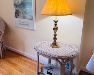Matching the armchair, this is a lovely vintage painted rattan / wicker table, white framed poster of the Grand Hotel on Mackinaw Island