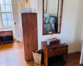 Mid Century Henredon Artefacts Campaign bedside table (2 available), Mid century bamboo style wall mirror, all circa 1970 in pristine condition