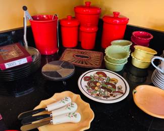 Set of vintage red kitchen canisters, Ukrainian art plate, more great kitchen items!