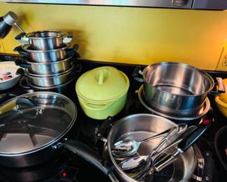 Vintage Vollrath stainless steel pots and pans, lime green dutch oven