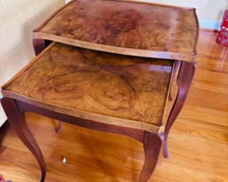 Immaculate 1960s Baker Furniture Burlwood nesting tables. Absolutely stunning vintage piece!