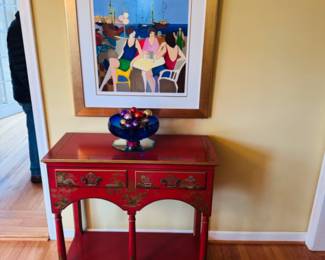 Baker furniture Cinnabar Red Lacquer hand painted chinoiserie sideboard serving accent table with two drawers
