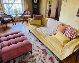Mauve tufted ottoman by Duralee in excellent condition, beautiful light yellow three seat sofa in excellent condition