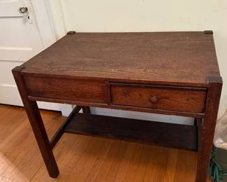 Antique Mission Oak Desk, drawer opens and has a cover, lift cover to reveal drawer.