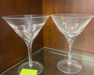 Artland Candy Cane Martini Glass. Hand-blown with fused candy canes, and vintage pieces from the early 90s. Dishwasher safe, most often sold in sets of two