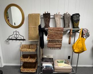 Heavy Oval Framed Mirror. Rod iron 5 hook wall mount, handwoven leather table runner w/two table mats, brand new king blankets (still in original packaging)