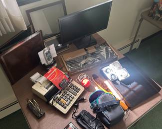 A small table of home electronics
