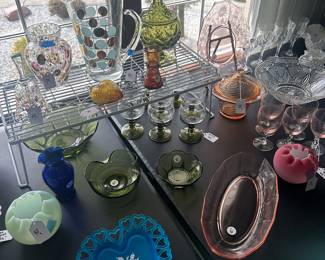 Here are some great colored glass. I love the mid-century modern piece of the center.!
