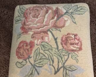 Embroidered rose foot stool: 12”w 12”d 7” t $ 35.00