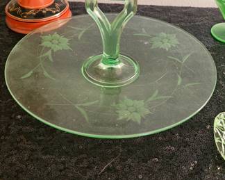 Vintage Green Vaseline Uranium Depression Glass Plate w/ Handle