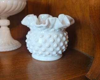 Vintage Fenton Milk Glass Hobnail Small Ruffle Vase