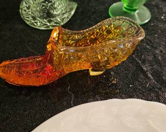 Amberina Glass Slipper, Amber Glass Shoe, Orange Glass Slipper, Two Tone Amber Glass, Fenton Mosser Glass, Amberina Glass Shoe Collectible