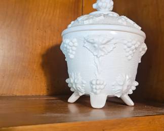 Jeanette Pink Milk Glass Covered Dish, Grape and Leaf Pattern, Footed Pink Milk Glass Lidded Candy Dish