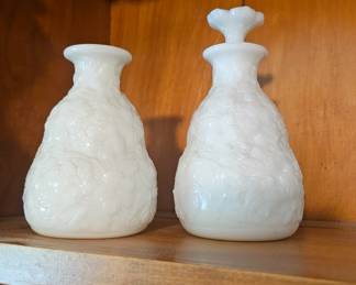 Two Fostoria Glass Embossed Floral Pattern Milk Glass 2519 Perfume Bottle Vintage (one missing stopper)