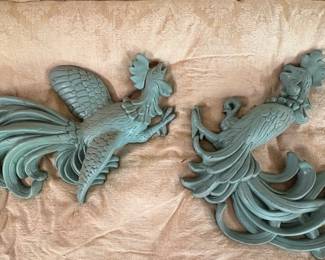 Vintage Turquoise Pair of Universal Statutory Fighting Roosters Chalkware