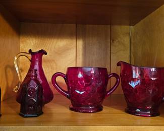 1930-42 Glass Ruby Red Georgian Honeycomb Footed Cream & Sugar & Small Pilgrim Red Crackle Glass Pitcher