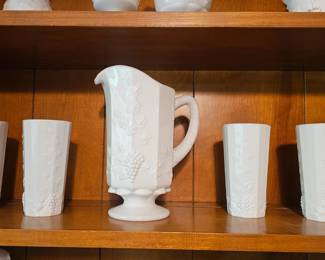 Vintage 1950s Westmoreland Milk Glass Pitcher 9″ tall Paneled Grape with vines & 4 Matching Glasses