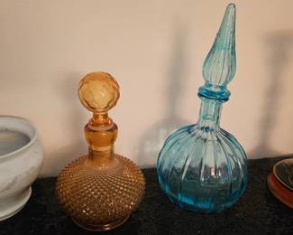Vintage Amber Empoli Diamond Point Decanter made in Italy Stopper 8” Tall & Sky Blue/Ice Blue Mini Empoli Genie Bottle 9.55"