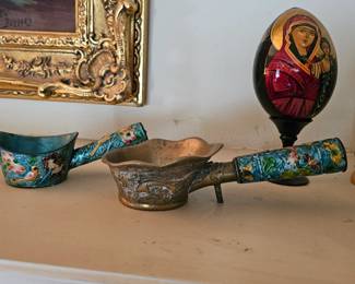 Two Vintage Asian Style Brass and Cloisonne Silk Irons