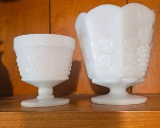 Vintage White Milk Glass Harvest Grape Pattern Dessert Sherbet Cup Bowl Dish & E O Brody Milk Glass Pedestal Planter Vase MJ-20 Cleveland Ohio Grape pattern
