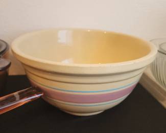 Vintage Oven Ware Pottery USA Mixing Bowl Blue & Pink Stripes McCoy