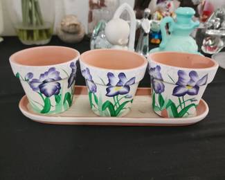 3 Hand Painted Flower Pots on Base