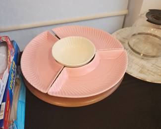 Vintage Mid Century Chip & Dip Lazy Susan Pink Cream