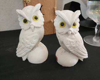 Vintage Carved Ceramic White Owl Set Book Ends Bookend Glass Eyes Mid Century Cast Alabaster Resin Italy
