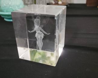 Disney Tinkerbell 3D laser etched glass cube paperweight