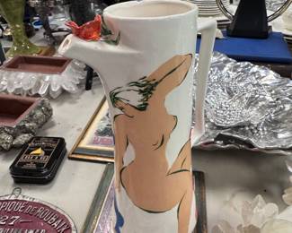 Large hand painted ewer by noted Dallas artist Nicole Lidji