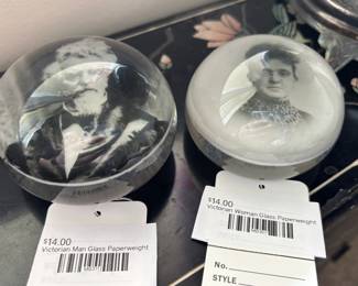 Victorian Man Glass Paperweight, Victorian Woman Glass Paperweight