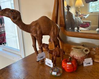 Large Leather Wrapped Camel Figurine, Small Leather Wrapped Camel Figurine, Signed Native American Style Pitcher