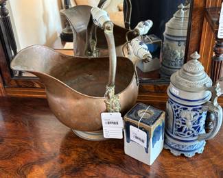 Vintage Copper Scuttle, Art Pottery Candle Holder