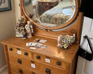 Antique Wood Dresser with Mirror, Bisque Porcelain Shepherd Boy Figurine