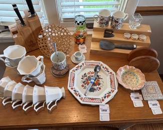 MacKenzie Childs Stoke Gabriel, MacKenzie Childs Summer Frock Bowl, Heritage Johnson Bros. Plate, Hand Painted Water Carafe