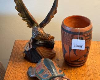 Wood Sea Turtle Carving, Hopi Style Pottery Vase