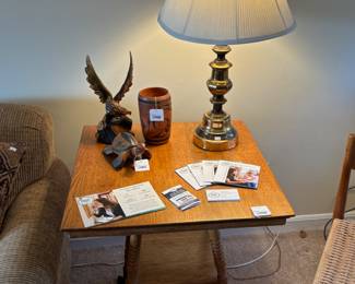 Two-Tier Oak Clawfoot Table, Wood Sea Turtle Carving, Hopi Style Pottery Vase, Brass Table Lamps, Antique Parlor Table